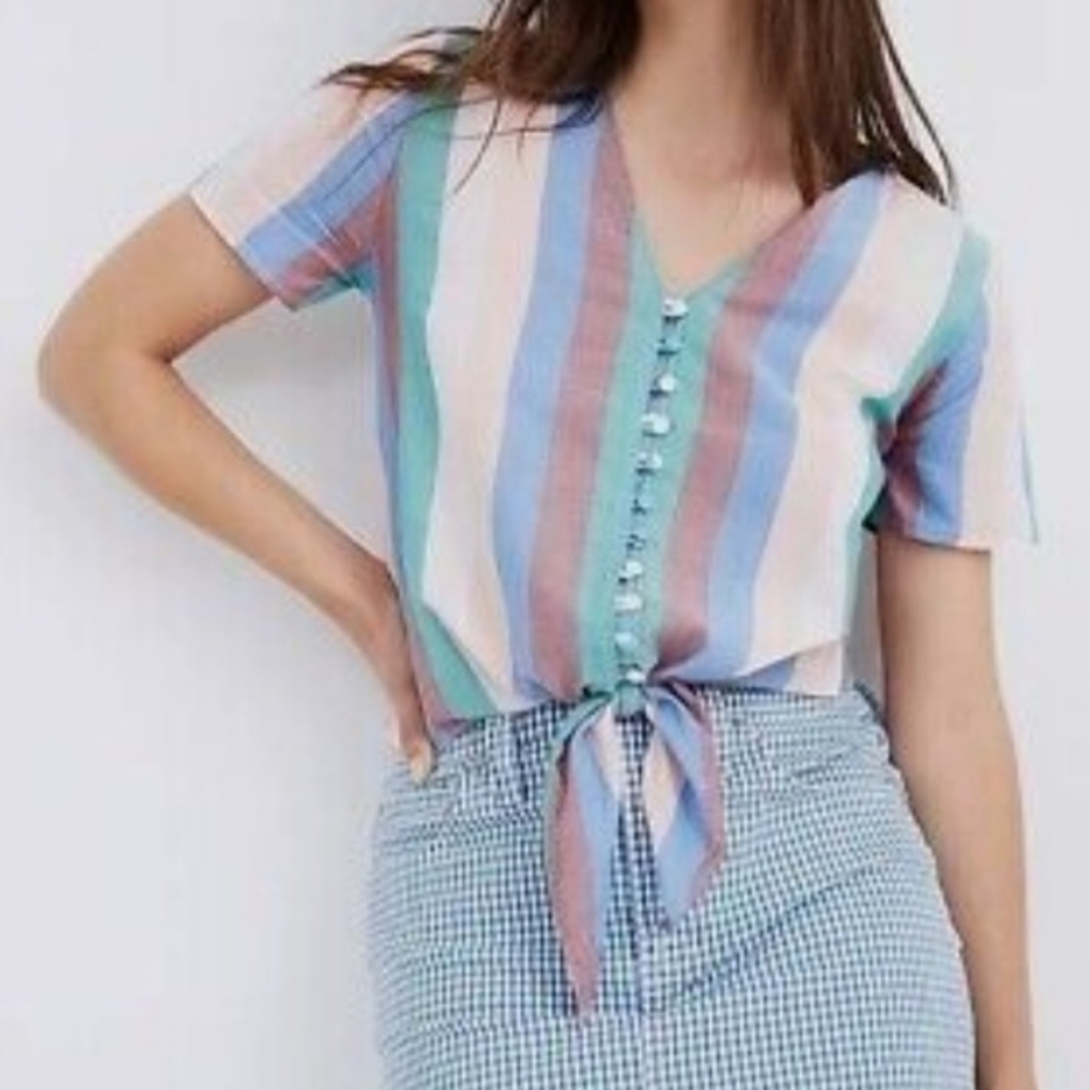 Madewell Novel Tie-Front Button Top in Flagstaff Stripe, Size XS